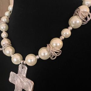 PEARLS & HAMMERED SILVER CROSS NECKLACE WITH OR WITHOUT MATCHING EARRINGS